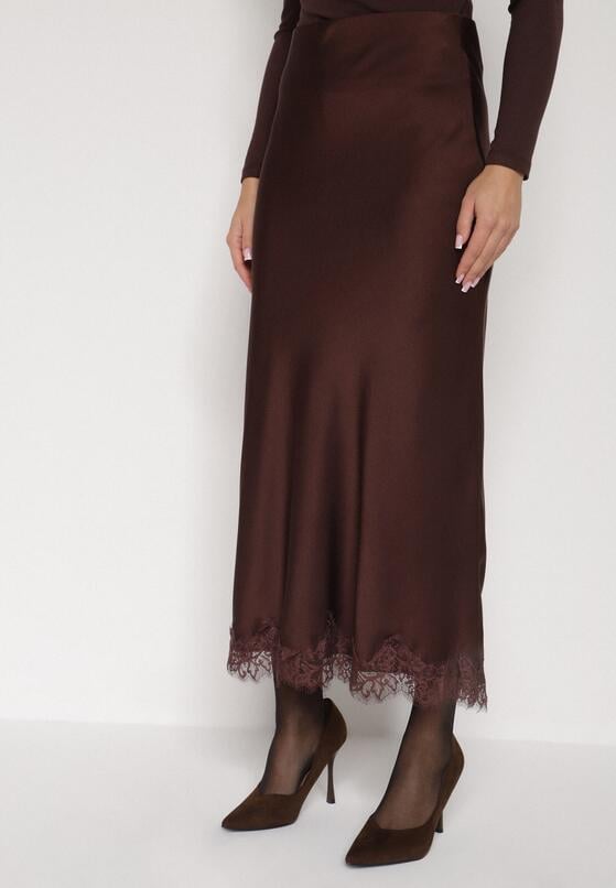 Brązowa Satynowa Spódnica z Koronkowym Zdobieniem Silfera 1