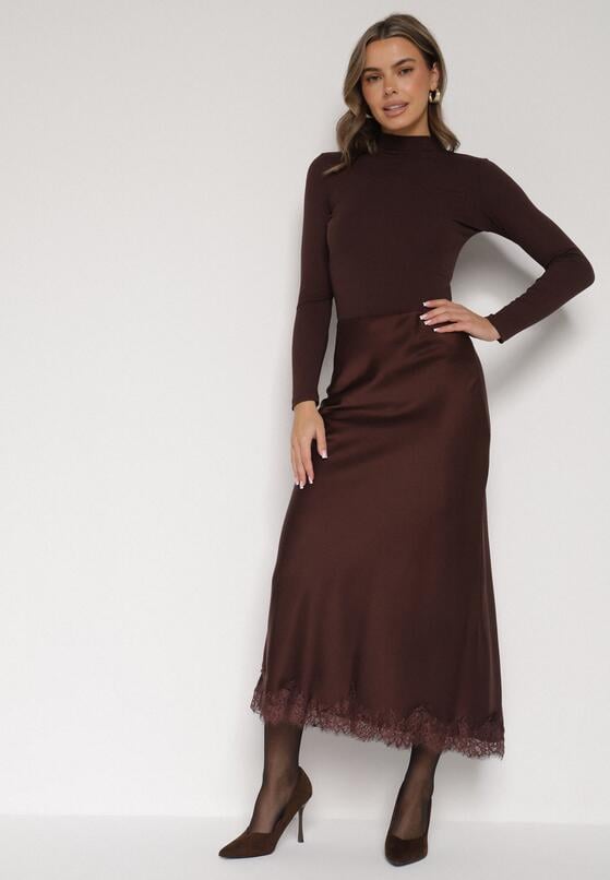 Brązowa Satynowa Spódnica z Koronkowym Zdobieniem Silfera 2