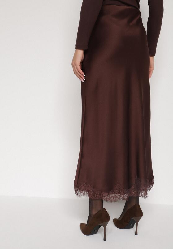 Brązowa Satynowa Spódnica z Koronkowym Zdobieniem Silfera 3