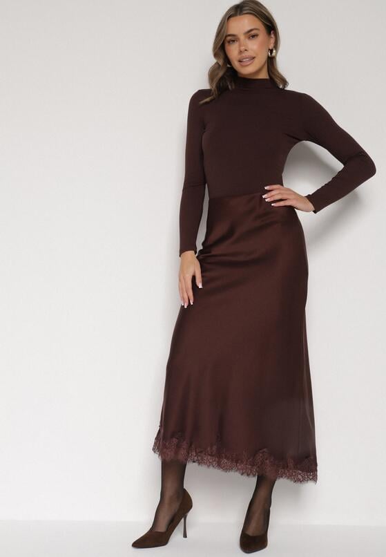 Brązowa Satynowa Spódnica z Koronkowym Zdobieniem Silfera 4