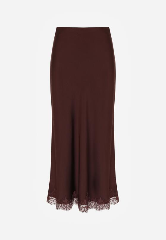 Brązowa Satynowa Spódnica z Koronkowym Zdobieniem Silfera 6