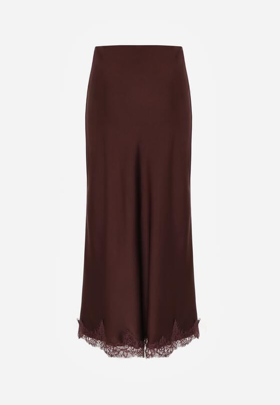 Brązowa Satynowa Spódnica z Koronkowym Zdobieniem Silfera 7