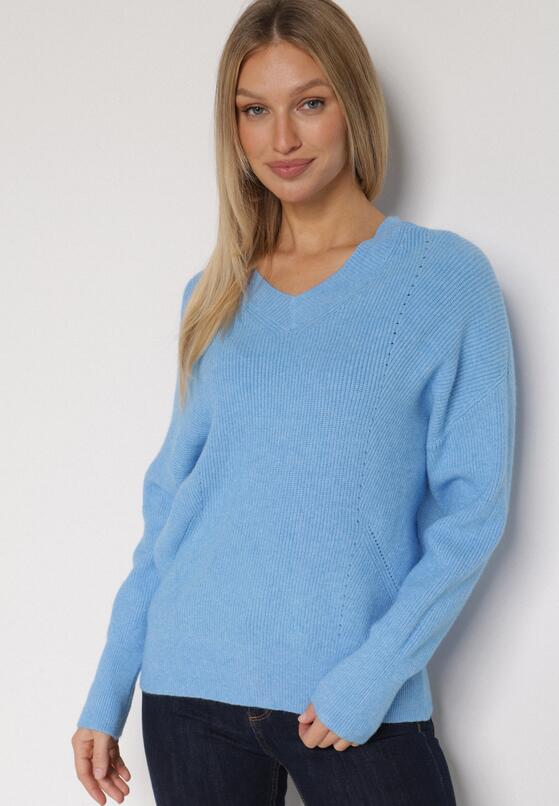 Niebieski Sweter z Domieszką Kaszmiru z Dekoltem w Serek Feralaine 1