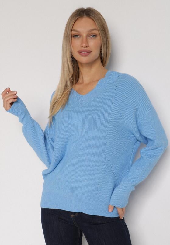 Niebieski Sweter z Domieszką Kaszmiru z Dekoltem w Serek Feralaine 2