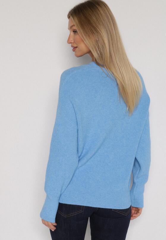 Niebieski Sweter z Domieszką Kaszmiru z Dekoltem w Serek Feralaine 3