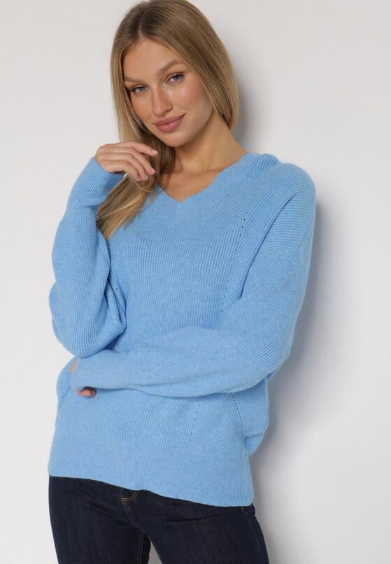 Niebieski Sweter z Domieszką Kaszmiru z Dekoltem w Serek Feralaine 4