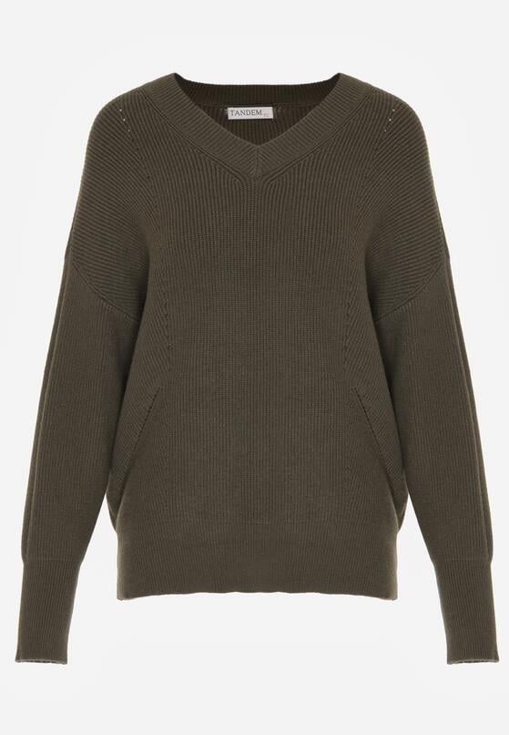 Ciemnozielony Sweter z Domieszką Kaszmiru z Dekoltem w Serek Feralaine 6