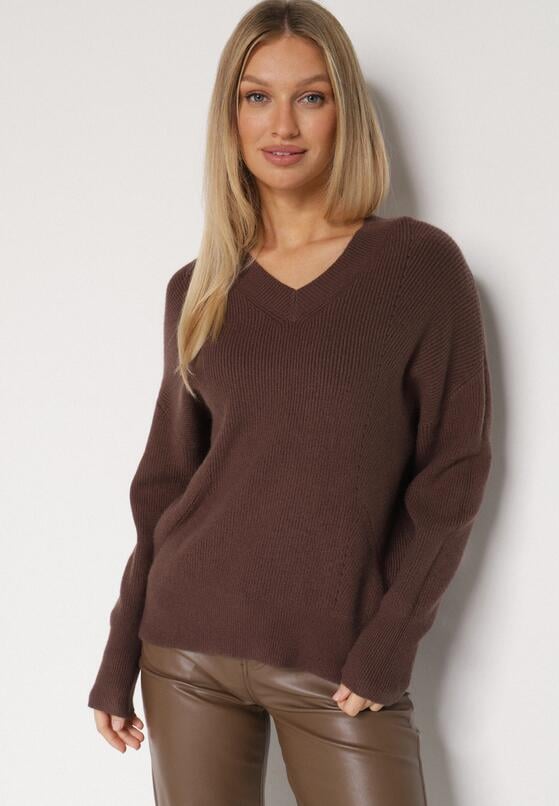 Brązowy Sweter z Domieszką Kaszmiru z Dekoltem w Serek Feralaine 1