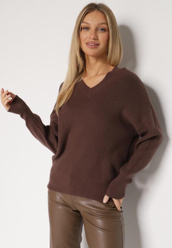 Brązowy Sweter z Domieszką Kaszmiru z Dekoltem w Serek Feralaine 4