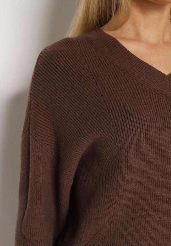 Brązowy Sweter z Domieszką Kaszmiru z Dekoltem w Serek Feralaine 5