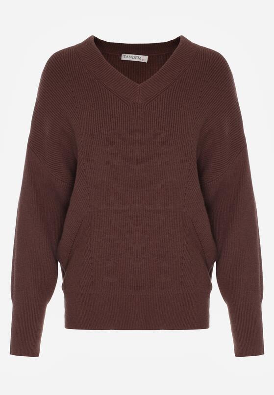 Brązowy Sweter z Domieszką Kaszmiru z Dekoltem w Serek Feralaine 6