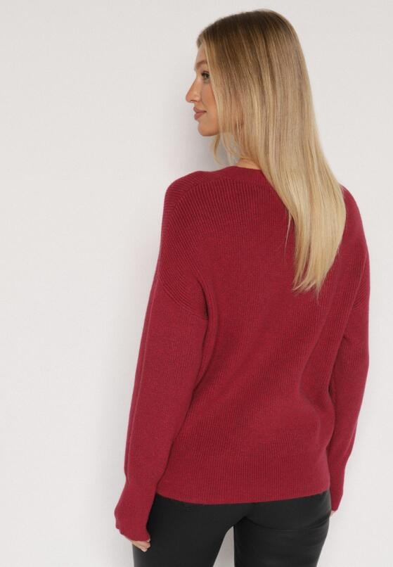 Bordowy Sweter z Domieszką Kaszmiru z Dekoltem w Serek Feralaine 3