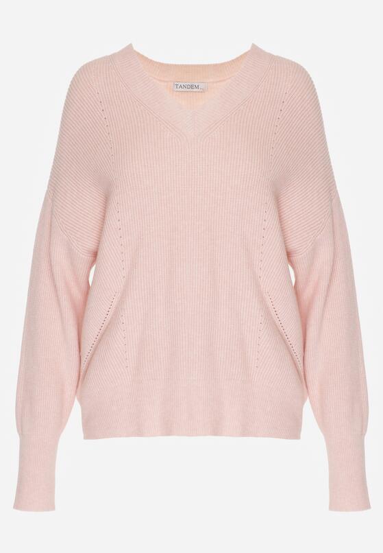 Jasnoróżowy Sweter z Domieszką Kaszmiru z Dekoltem w Serek Feralaine 6