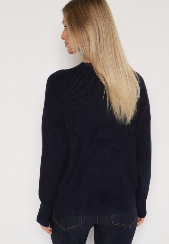 Granatowy Sweter z Domieszką Kaszmiru z Dekoltem w Serek Feralaine 3