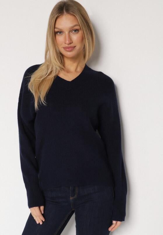 Granatowy Sweter z Domieszką Kaszmiru z Dekoltem w Serek Feralaine 4