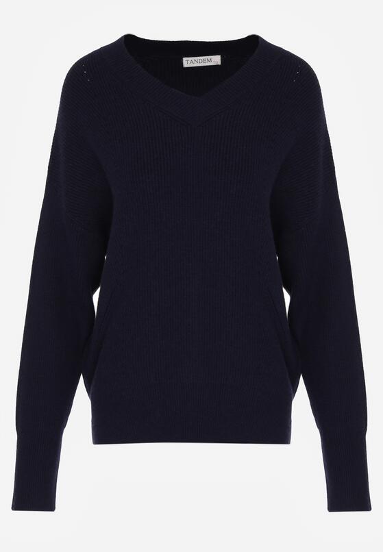 Granatowy Sweter z Domieszką Kaszmiru z Dekoltem w Serek Feralaine 6