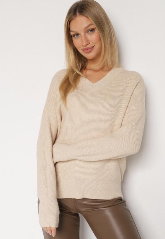 Beżowy Sweter z Domieszką Kaszmiru z Dekoltem w Serek Feralaine 1