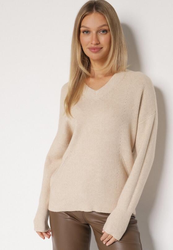 Beżowy Sweter z Domieszką Kaszmiru z Dekoltem w Serek Feralaine 2