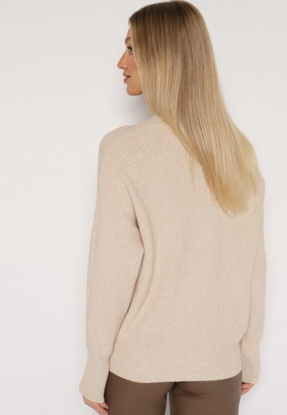 Beżowy Sweter z Domieszką Kaszmiru z Dekoltem w Serek Feralaine 3