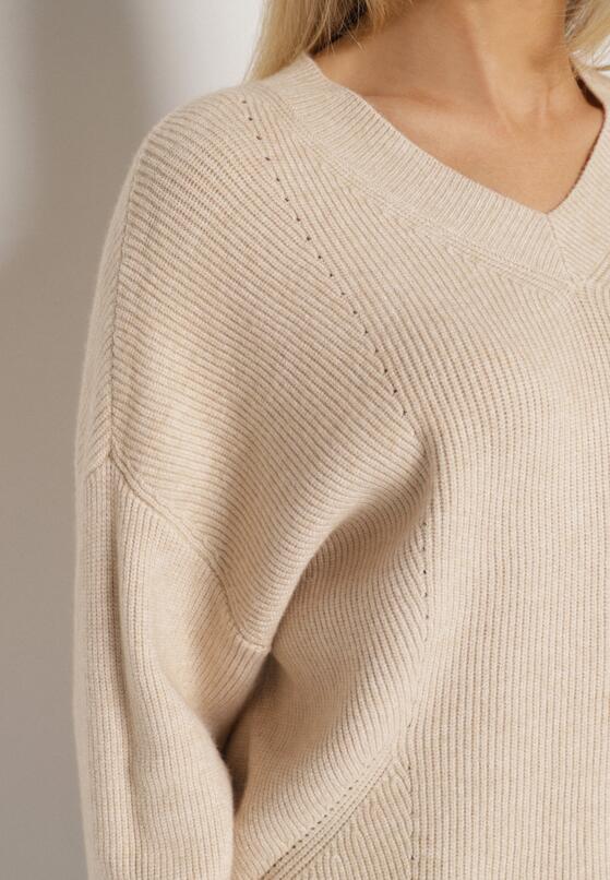 Beżowy Sweter z Domieszką Kaszmiru z Dekoltem w Serek Feralaine 5