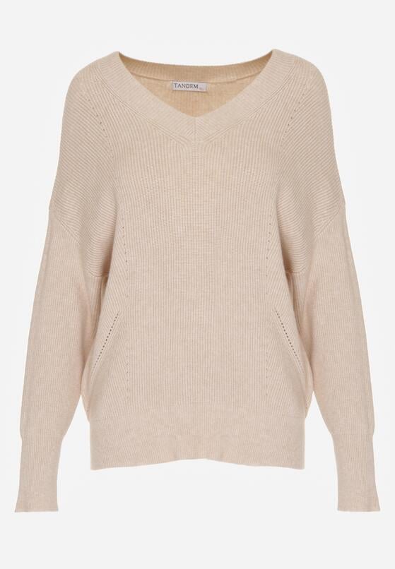 Beżowy Sweter z Domieszką Kaszmiru z Dekoltem w Serek Feralaine 6