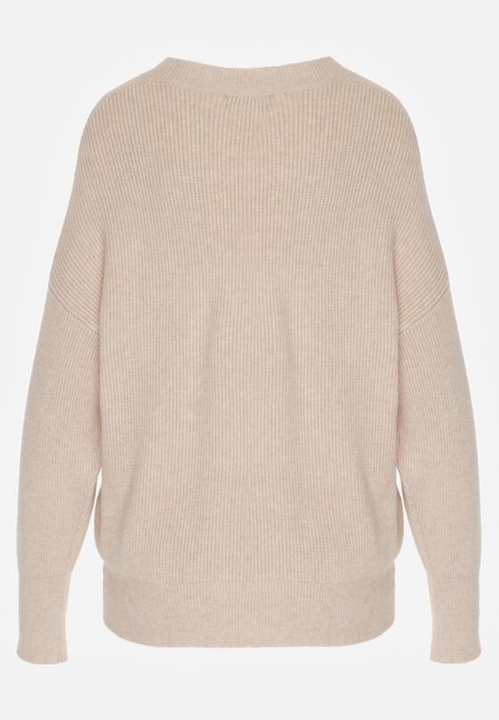 Beżowy Sweter z Domieszką Kaszmiru z Dekoltem w Serek Feralaine 7
