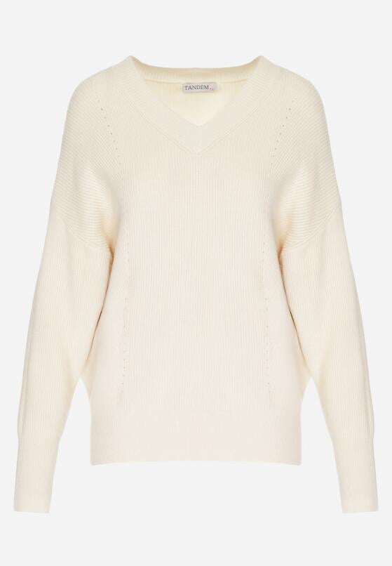 Jasnobeżowy Sweter z Domieszką Kaszmiru z Dekoltem w Serek Feralaine 6