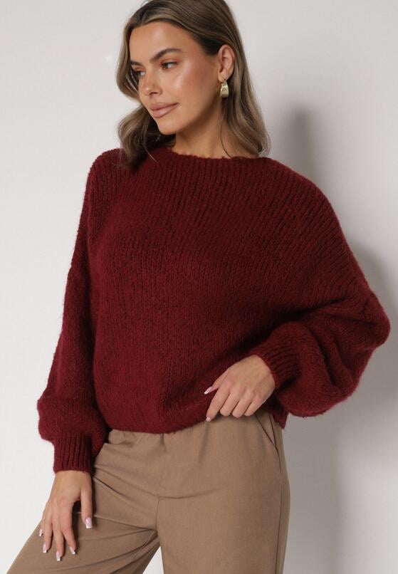 Bordowy Kardigan Oversize z Wełną Zdobiony Kokardkami Eleathalie 2