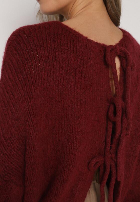 Bordowy Kardigan Oversize z Wełną Zdobiony Kokardkami Eleathalie 5