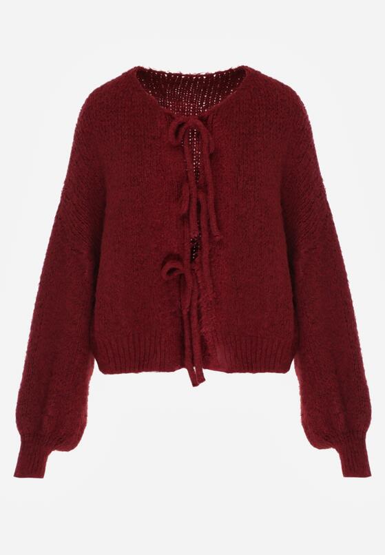 Bordowy Kardigan Oversize z Wełną Zdobiony Kokardkami Eleathalie 6