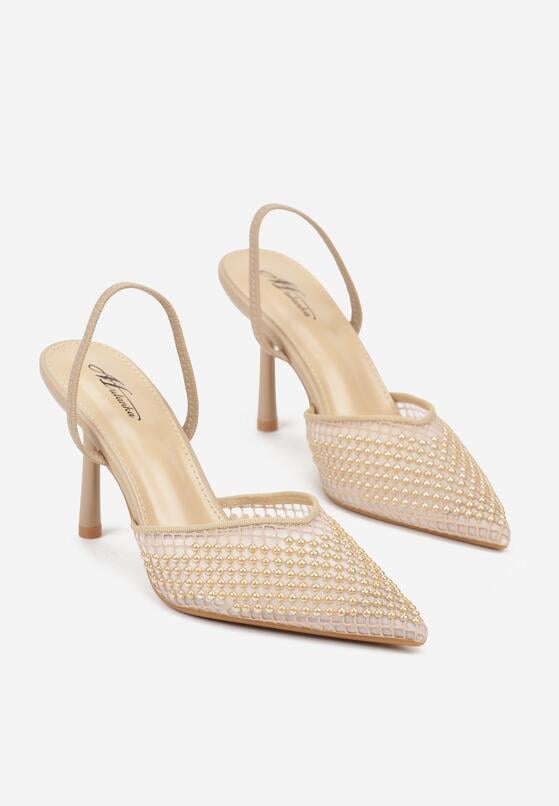 Ciemnobeżowe Siateczkowe Sandały na Szpilce ze Szpiczastym Noskiem z Perełkami Nivafera 5