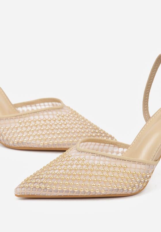 Ciemnobeżowe Siateczkowe Sandały na Szpilce ze Szpiczastym Noskiem z Perełkami Nivafera 7