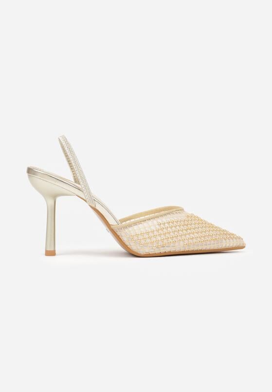 Złote Siateczkowe Sandały na Szpilce ze Szpiczastym Noskiem z Perełkami Nivafera 4