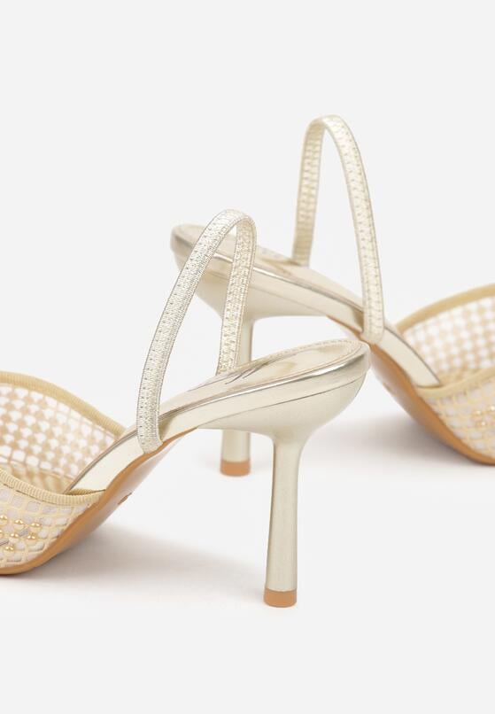 Złote Siateczkowe Sandały na Szpilce ze Szpiczastym Noskiem z Perełkami Nivafera 6