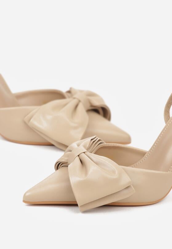 Ciemnobeżowe Sandały na Szpilce Typu Slingback z Kokardą Liorafera 6