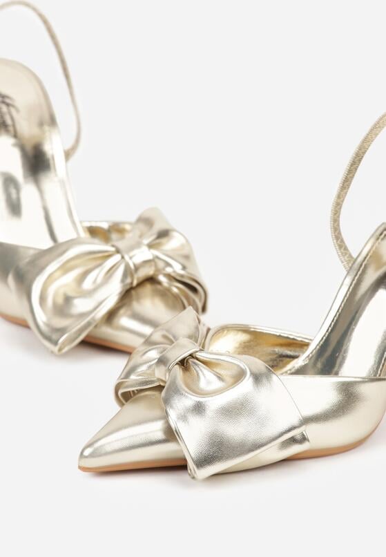 Złote Sandały na Szpilce Typu Slingback z Kokardą Liorafera 7