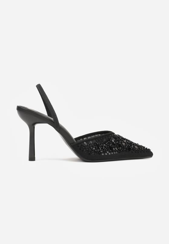 Czarne Szpilki z Odkrytą Piętą i Aplikacjami z Perełkami i Cekinami Senefera 4