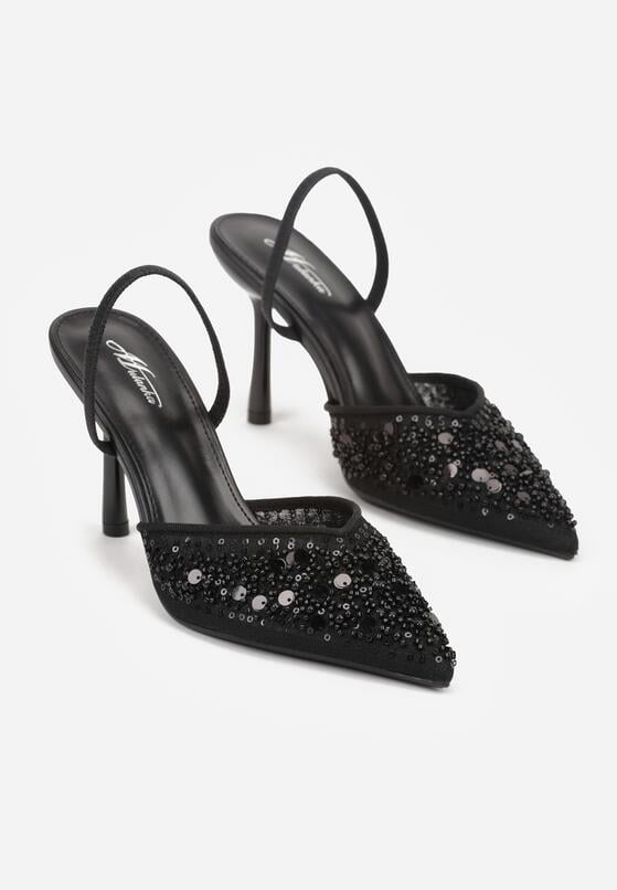 Czarne Szpilki z Odkrytą Piętą i Aplikacjami z Perełkami i Cekinami Senefera 5