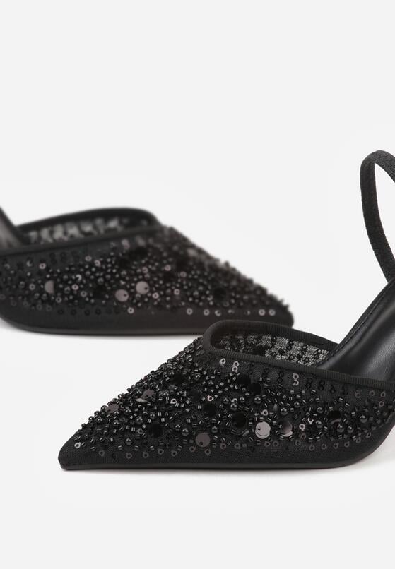 Czarne Szpilki z Odkrytą Piętą i Aplikacjami z Perełkami i Cekinami Senefera 6