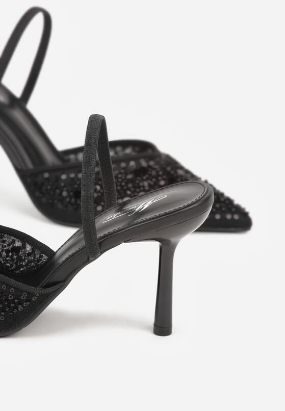 Czarne Szpilki z Odkrytą Piętą i Aplikacjami z Perełkami i Cekinami Senefera 7