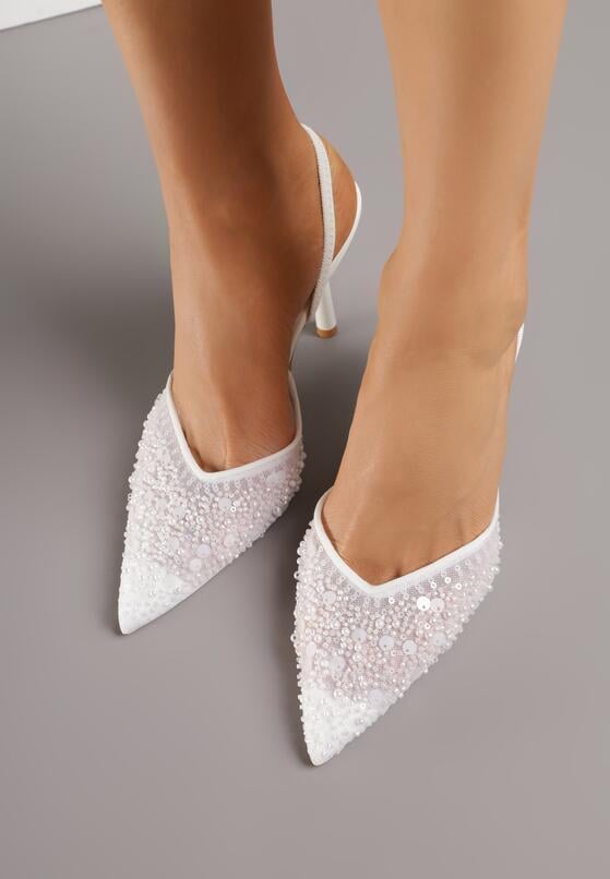 Białe Szpilki z Odkrytą Piętą i Aplikacjami z Perełkami i Cekinami Senefera 3