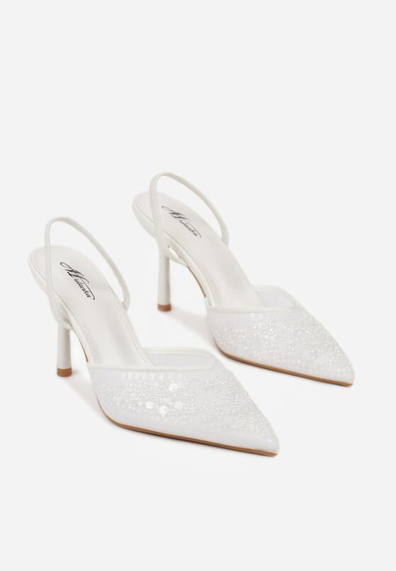 Białe Szpilki z Odkrytą Piętą i Aplikacjami z Perełkami i Cekinami Senefera 5