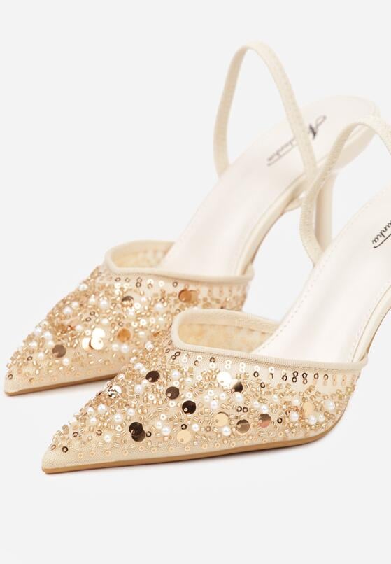 Beżowe Szpilki z Odkrytą Piętą i Aplikacjami z Perełkami i Cekinami Senefera 6