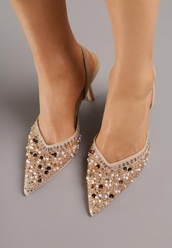 Ciemnobeżowe Szpilki z Odkrytą Piętą i Aplikacjami z Perełkami i Cekinami Senefera 3