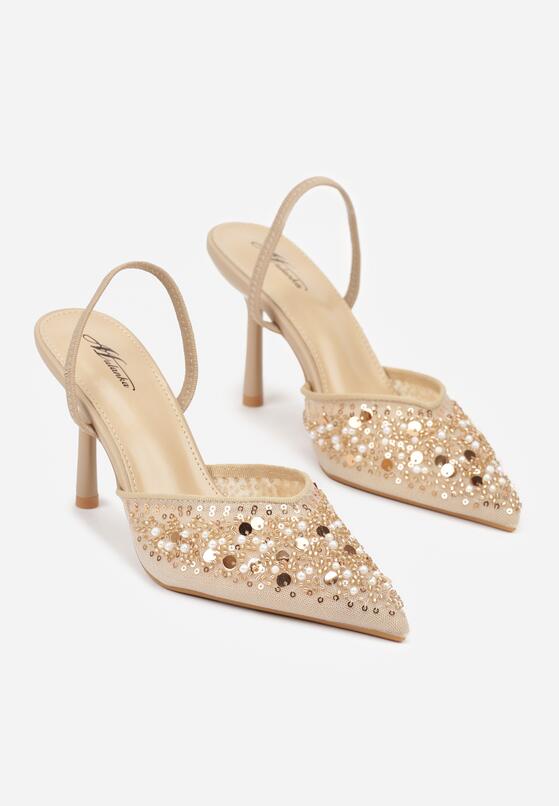 Ciemnobeżowe Szpilki z Odkrytą Piętą i Aplikacjami z Perełkami i Cekinami Senefera 5