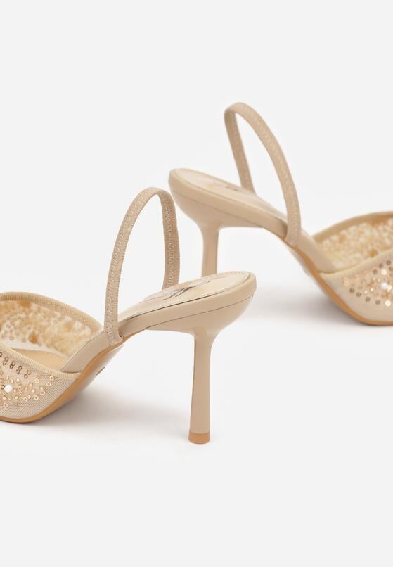 Ciemnobeżowe Szpilki z Odkrytą Piętą i Aplikacjami z Perełkami i Cekinami Senefera 6