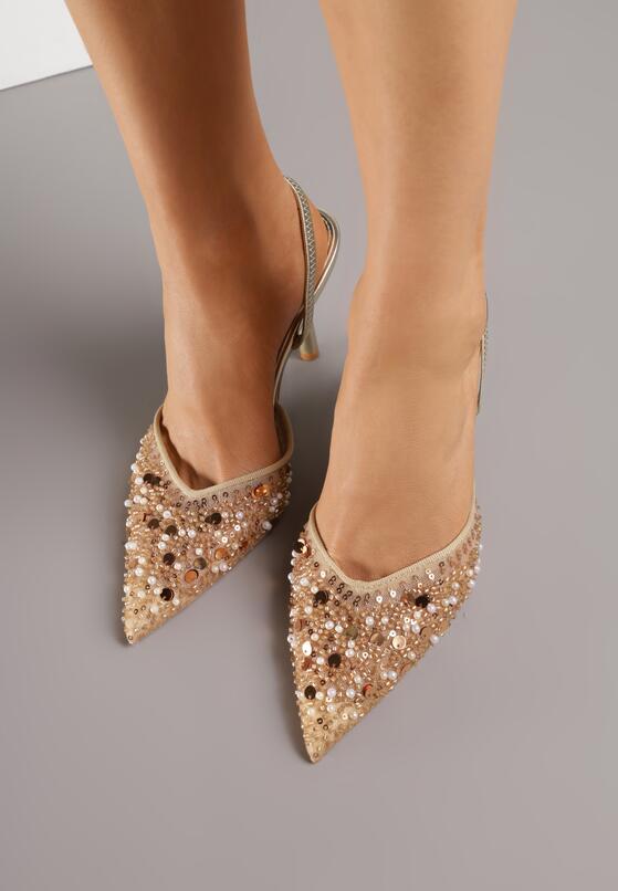 Złote Szpilki z Odkrytą Piętą i Aplikacjami z Perełkami i Cekinami Senefera 3