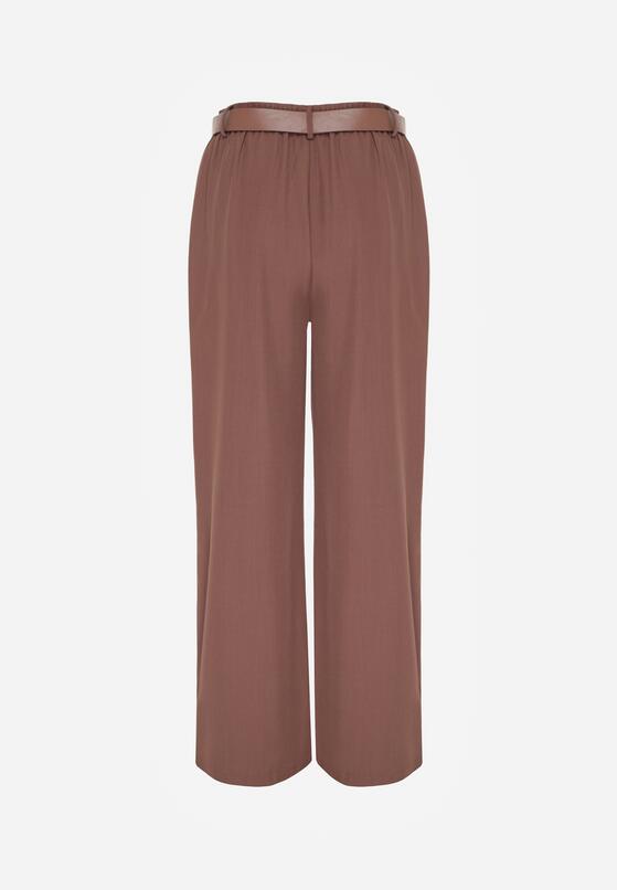 Brązowe Spodnie o Garniturowym Kroju z Szeroką Nogawką i Paskiem z Klamrą Feviona 7