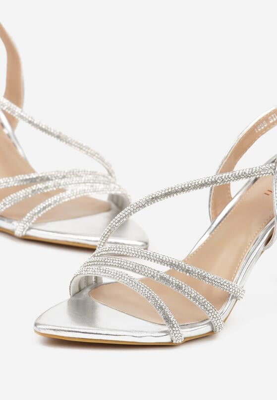 Srebrne Sandały na Szpilce Zdobione Cyrkoniami Denafera 7