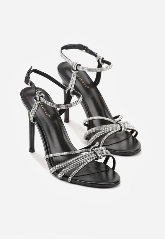 Czarne Cyrkoniowe Sandały na Szpilce z Przeplatanymi Paseczkami Mirafera 5